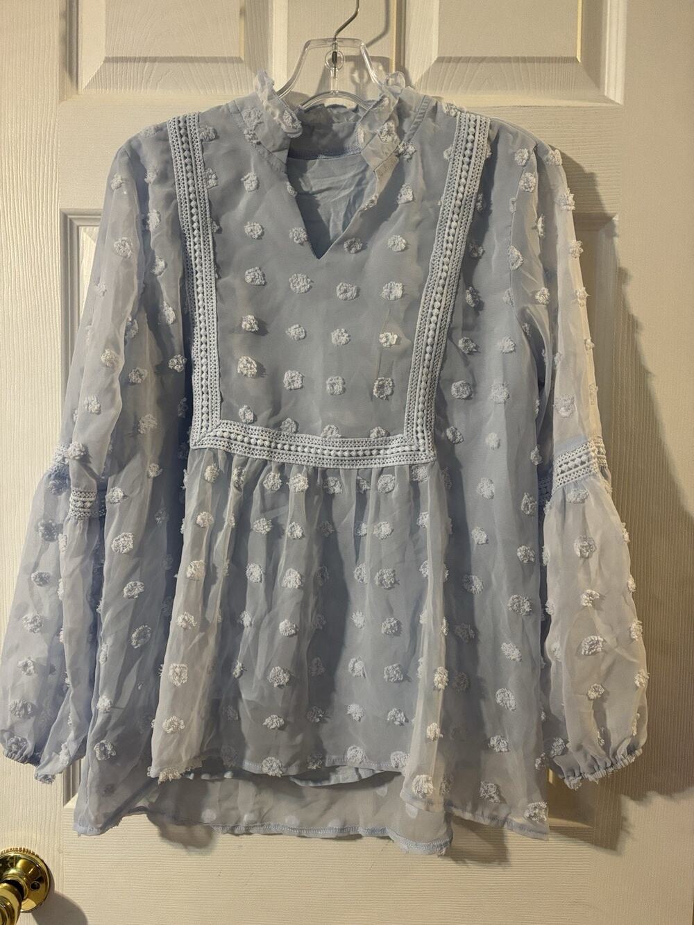 M Medium Blue Pastel Chiffon Crochet Swiss Dot Peasant Bishop Sleeve Blouse
